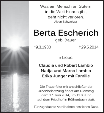 Traueranzeige von Berta Escherich von Pegnitz-Zeitung